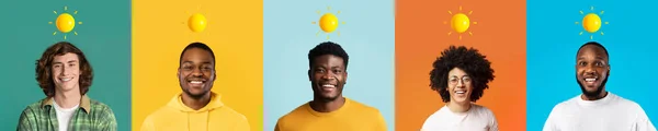 Alegre Millennial Hombres Multiétnicos Con Sol Sobre Cabeza Disfrutar Emociones —  Fotos de Stock