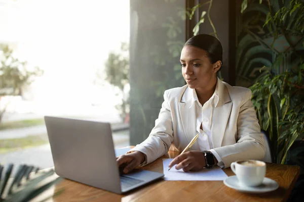 Happy Millennial African American Businesswoman White Suit Working Laptop Making — Stock Photo, Image