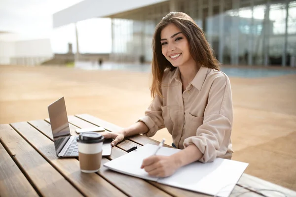 Study Remotely Smiling Millennial Caucasian Female Brunette Student Sit Table — Stock Photo, Image