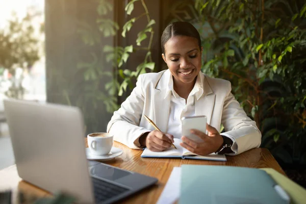 Busy Glad Millennial African American Businesswoman White Suit Chatting Smartphone — Stock Photo, Image