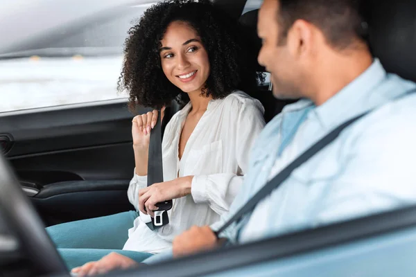 Fastening Seat Belts Enjoying Ride Sitting New Car Selective Focus — 스톡 사진