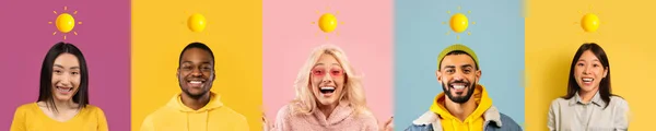Ευτυχισμένος Χαμογελαστός Συγκλονισμένος Αισιόδοξος Νέους Διαφορετικούς Ανθρώπους Ήλιο Πάνω Από — Φωτογραφία Αρχείου