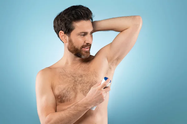 Handsome Bearded Middle Aged Man Spraying Deodorant Arm Fragrance Fresh — Stock Photo, Image