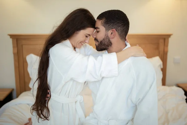 Shot Happy Couple Hugging Expressing Love Posing Touching Foreheads Wearing — Stock Photo, Image