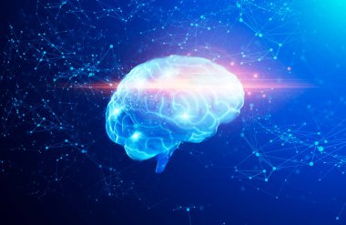 Soyut Arkaplan Üzerinde İnsan Beyni Hologramının Çokgen Bağlantıları, Yaratıcı Geleceği Tasarım Üzerine Üç Boyutlu Çizimi