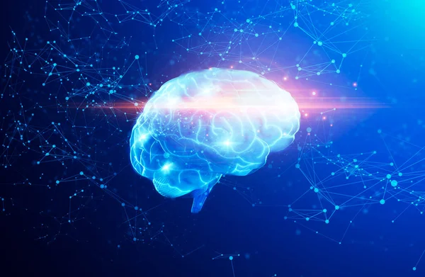 Ілюстрація Голограми Мозку Людини Над Абстрактним Тлом Полігональними Язками Творчий — стокове фото