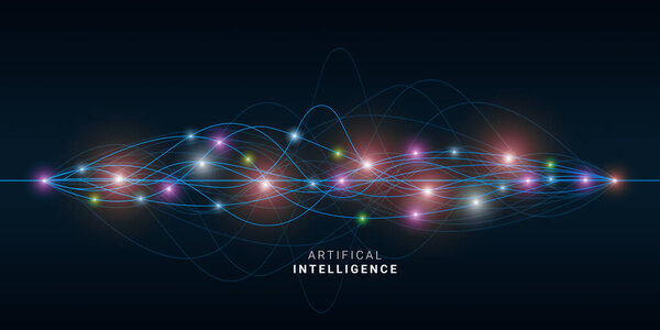 Artificial Intelligence. AI Neural Network Lines, Digital Wave With Gloving Connection Dots, Creative Illustration In Futuristic Design