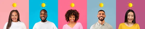 Веселые Тысячелетия Международные Мужчины Женщины Солнцем Над Головой Изолированные Красочном — стоковое фото