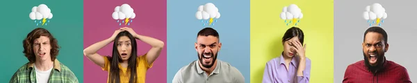 Csalódott Dühös Többnemzetiségű Fiatal Emberek Villámló Felhővel Esővel Fejük Felett — Stock Fotó