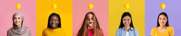 Alegre Inspiró Las Mujeres Jóvenes Internacionales Con Sol Por Encima —  Fotos de Stock