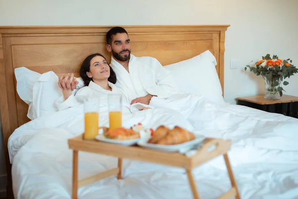 Loving Couple Hugging Enjoying Breakfast Bed Lying Table Tray Delicious — Stock Photo, Image
