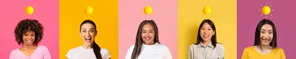 Lächelnde Multiethnische Frauen Mit Abstrakter Sonne Über Dem Kopf Isoliert — Stockfoto