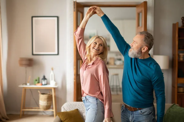 Happy Senior Couple Dancing Having Fun Home Weekend Husband Wife — Stock Photo, Image