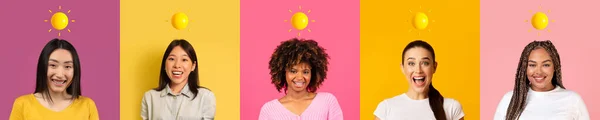 Glad Millennial Internationella Kvinnor Med Abstrakt Sol Över Huvudet Njuta — Stockfoto