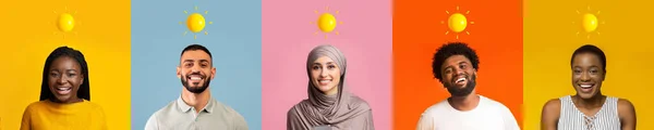 Alegre Sorrindo Millennial Árabes Negros Com Sol Sobre Cabeça Isolado — Fotografia de Stock