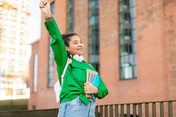 Happy Mixed Race Female Student Celebrating Success Outdoors Successfully Passed — Stock Photo, Image