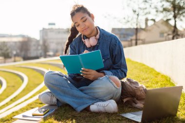 Uzaktan çalışma konsepti. Bilgisayarlı genç bir bayan dışarıda sınava hazırlanıyor, online derse katılıyor, bilgisayar kullanıyor ve notlar alıyor, parkta çimlerde oturuyor.