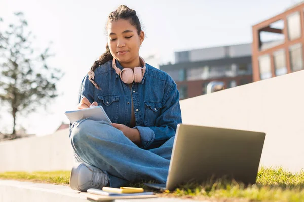 ノートに何かを書く幸せな混合レース10代の女性 公園内のラップトップコンピュータと座って 屋外で勉強し 講義の準備 スペースをコピー — ストック写真