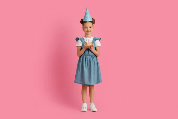 Cute Little Girl Party Hat Holding Birthday Cake Piece Candle — Stock Photo, Image