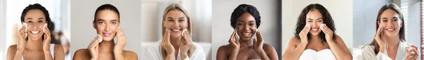 Ρουτίνα Περιποίησης Δέρματος Διαφορετικές Πολυεθνικές Γυναίκες Καθαρίζοντας Δέρμα Βαμβάκι Pads — Φωτογραφία Αρχείου