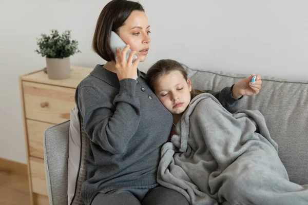 Sad Worried European Millennial Mother Calms Takes Care Sick Teen — Stock Photo, Image