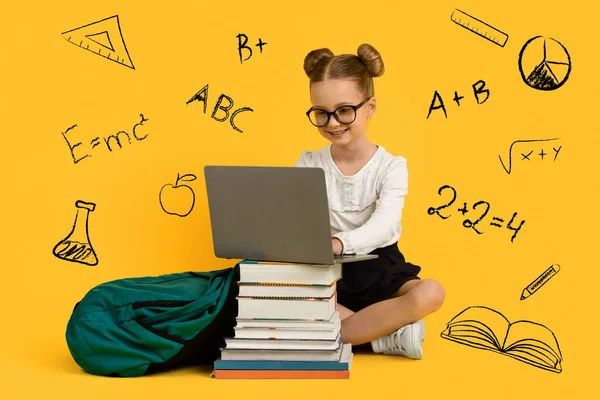 Creatieve Collage Met Schattige Kleine Schoolmeisje Maken Van Huiswerk Computer — Stockfoto