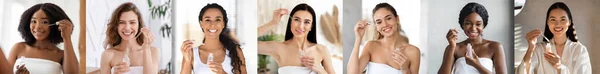 Skin Care Concept Diverse Young Women Applying Face Serum Mirror — Stock Photo, Image