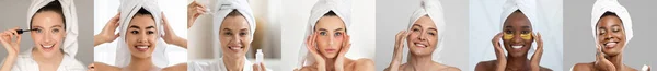 Koncepcja Pielęgnacji Skóry Różnorodne Piękne Kobiety Dokonywanie Zabiegów Kosmetycznych Domu — Zdjęcie stockowe