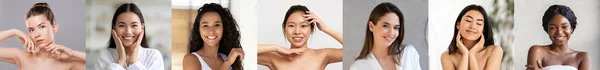 Retratos Belleza Mujeres Jóvenes Multiétnicas Atractivas Posando Baño Diversas Mujeres — Foto de Stock