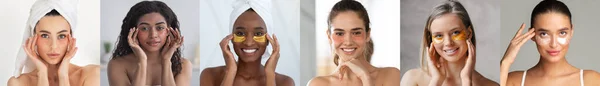 Diverse Beautiful Women Applying Collagen Patches Eyes Home Young Multiethnic — Stock Photo, Image
