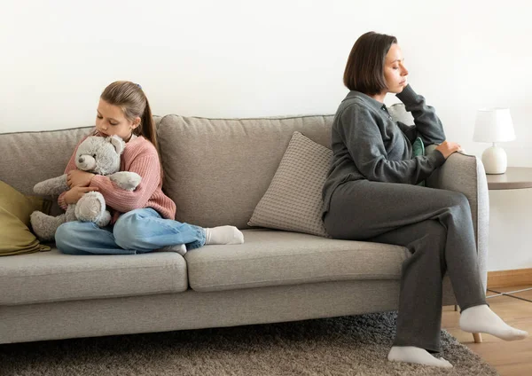 Sad Offended European Millennial Mom Ignores Teen Girl Sit Sofa — Stock Photo, Image
