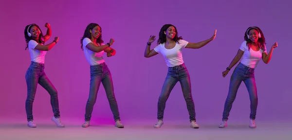 Having Fun. Creative collage with happy young black woman dancing in neon light, cheerful carefree african american female in good mood posing over purple studio background, panorama