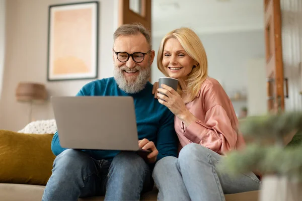 快乐的老夫妇们 使用笔记本电脑上网浏览 在线看电影 享受周末坐在沙发上喝咖啡的乐趣 成年人的小玩艺儿及康乐活动 — 图库照片