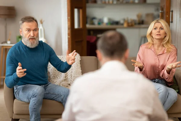 Unhappy Spouses Having Marital Therapy Session Complaining Professional Psychologist Having — Stock Photo, Image