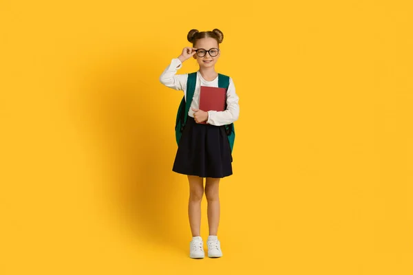 Miúdo Escola Retrato Menina Bonito Com Mochila Cadernos Trabalho Posando — Fotografia de Stock