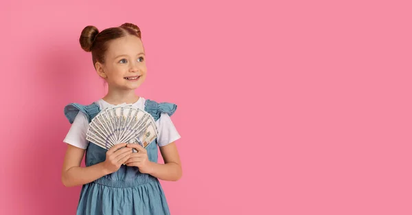 Cute Little Girl Holding Fan Dollar Cash Looking Aside Copy — стокове фото