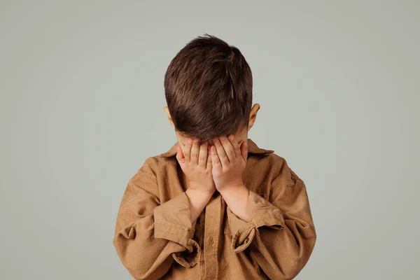Despaired Sad Little Child Years Old Casual Crying Isolated Gray — Stock Photo, Image