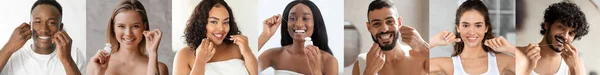 Rotina Cuidados Saúde Sorrindo Pessoas Multiétnicas Usando Floss Dental Enquanto — Fotografia de Stock