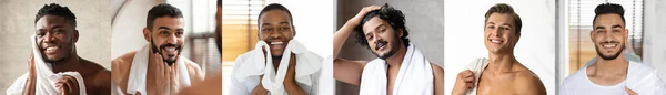 Cuidados Beleza Masculinos Retratos Homens Multiétnicos Bonitos Preparando Banheiro Manhã — Fotografia de Stock