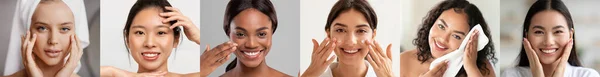 Beauty Concept Portraits Happy Young Multiethnic Women Making Skincare Treatments — Stock Photo, Image