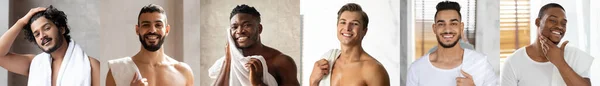 Çeşitli Yakışıklı Çok Irklı Erkekler Evde Güzellik Rutini Yapıyor Genç — Stok fotoğraf