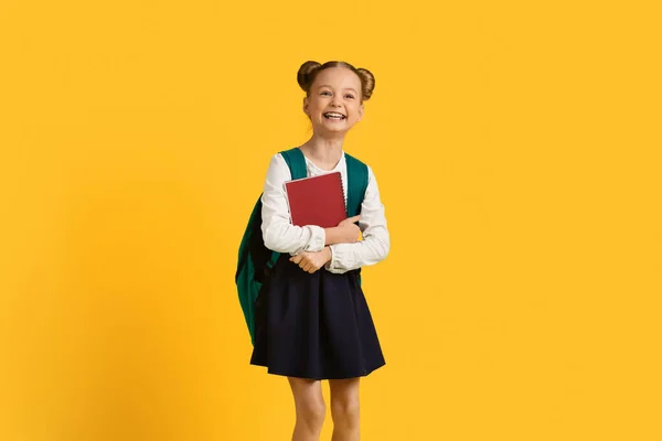 Portrait Laughing Cute Little Schoolgirl Backpack Workbooks Adorable Positive Preteen — стокове фото