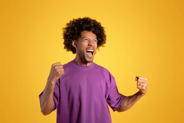 보라색 티셔츠를 노랗게 스튜디오 배경에서 승리를 흥분에 아프리카 미국인 곱슬머리 — 스톡 사진