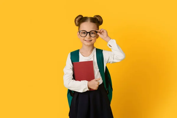 Education Concept Portrait Cute Smiling Little Schoolgirl Touching Glasses Holding — Stock Photo, Image