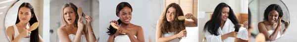 Diverse Multiethnic Young Women Combing Tanged Hair Home Upset Females — 스톡 사진