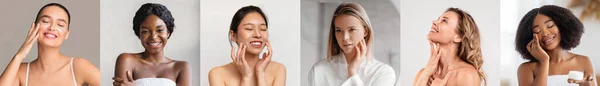 Diverse Beautiful Multiethnic Women Making Beauty Routine Home Portraits Attractive — 스톡 사진