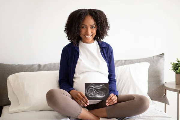 Happy Young African American Curly Pregnant Woman Belly Casual Sit — Stok Foto
