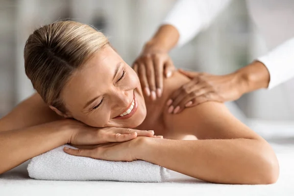 Spa Relax Beautiful Middle Aged Female Enjoying Massage Session Wellness — Stock Photo, Image