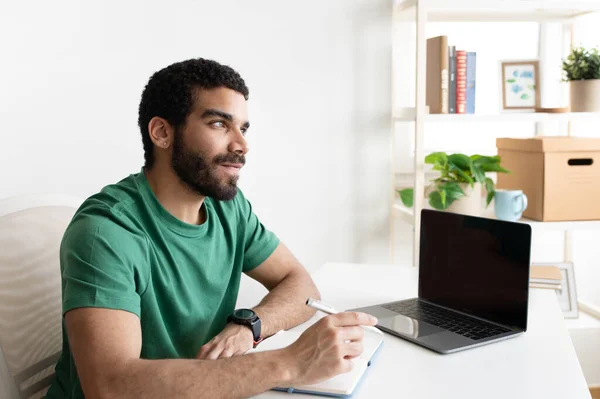 Smiling Young Middle Eastern Guy Blogger Manager Table Laptop Blank — Stock Photo, Image