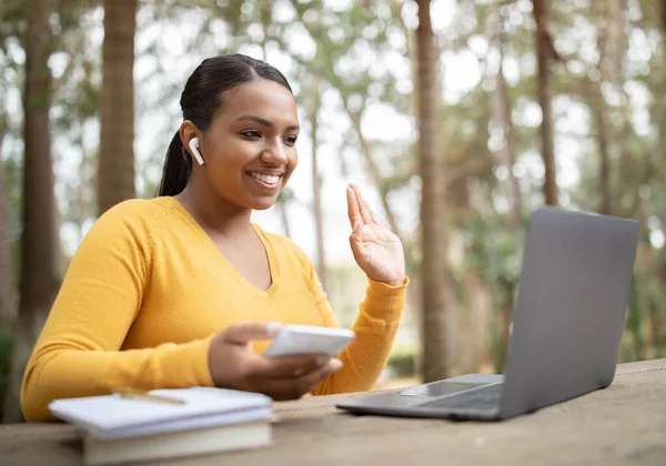 Cheerful Student Girl Waving Hand Laptop While Video Calling Learning — Stock Photo, Image